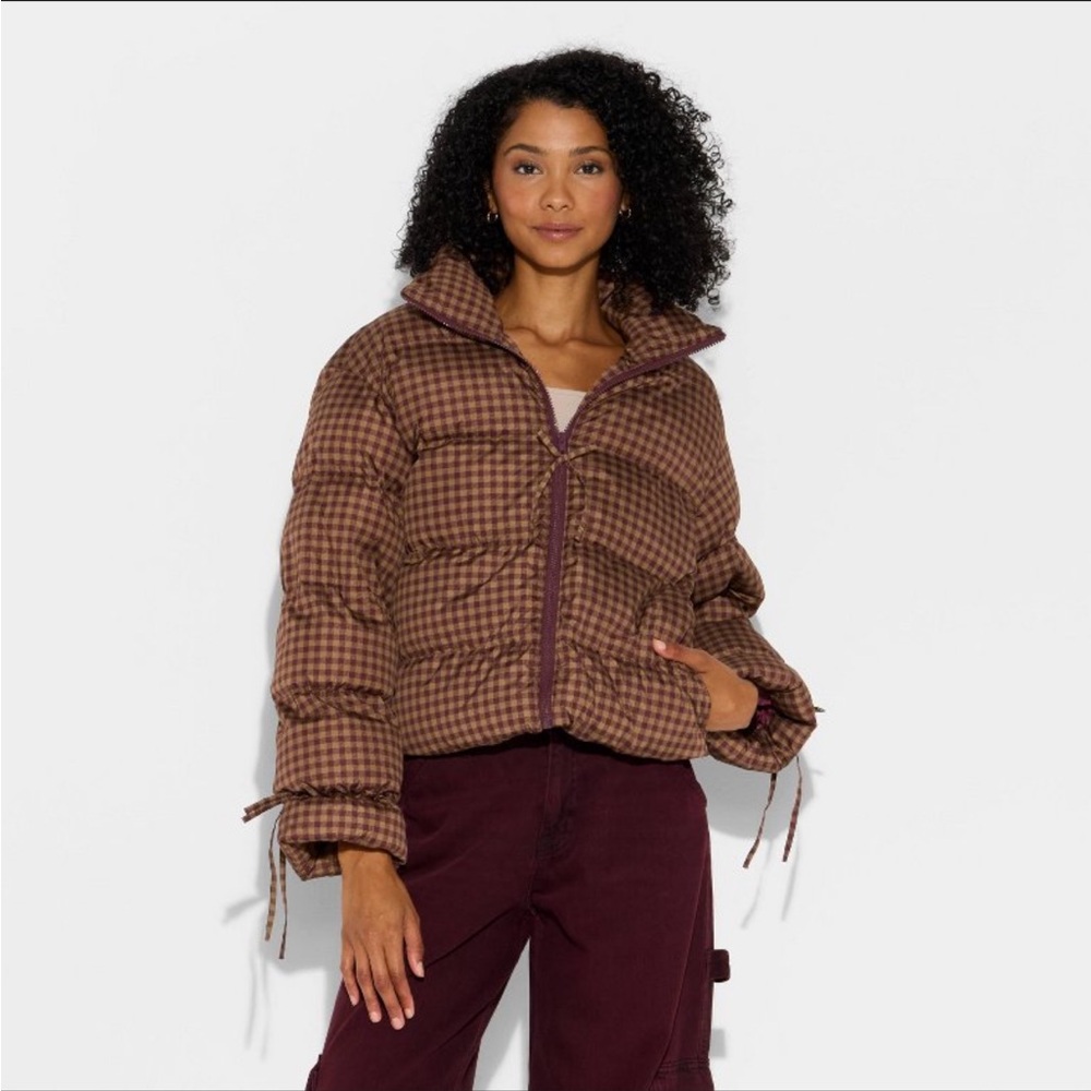 Wild Fable Checkered Brown Puffer Jacket